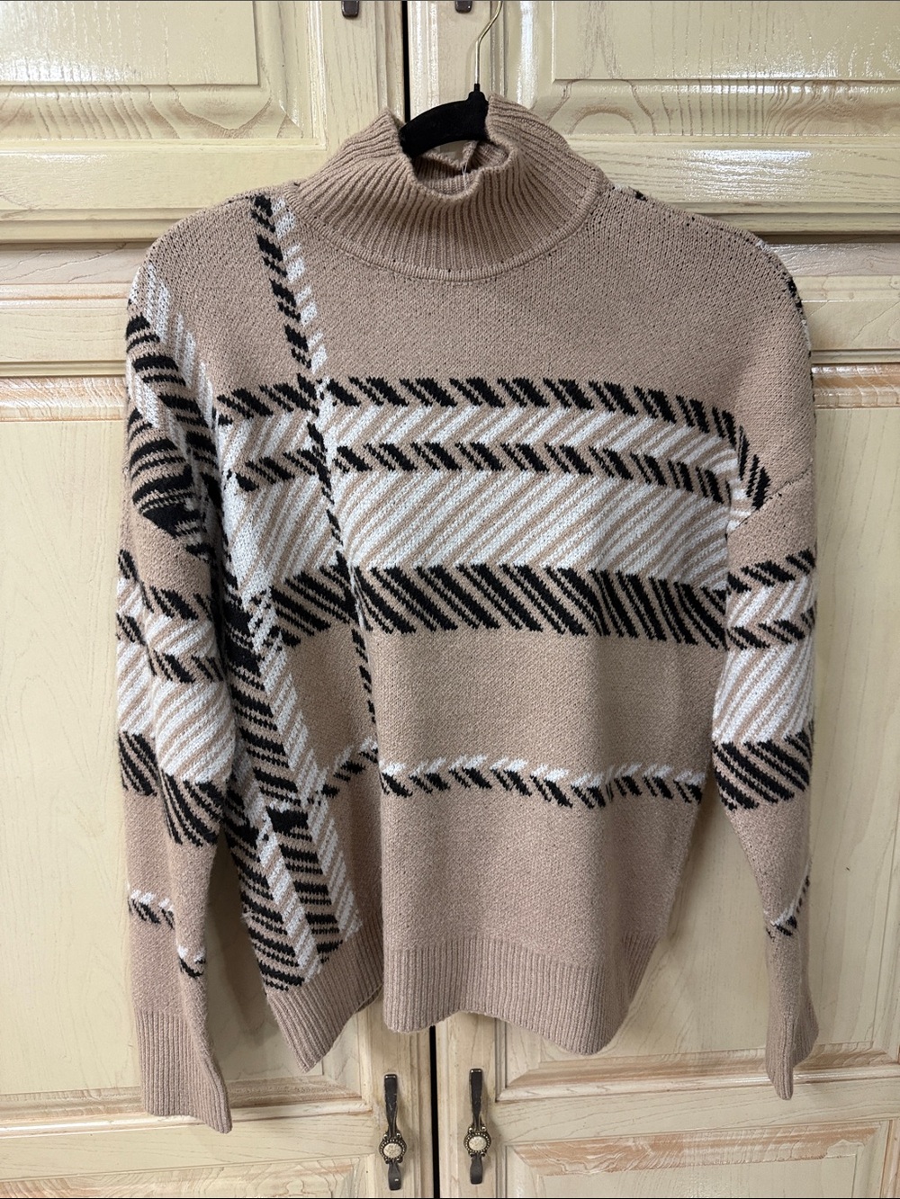 Beige Plaid Mock neck Sweater